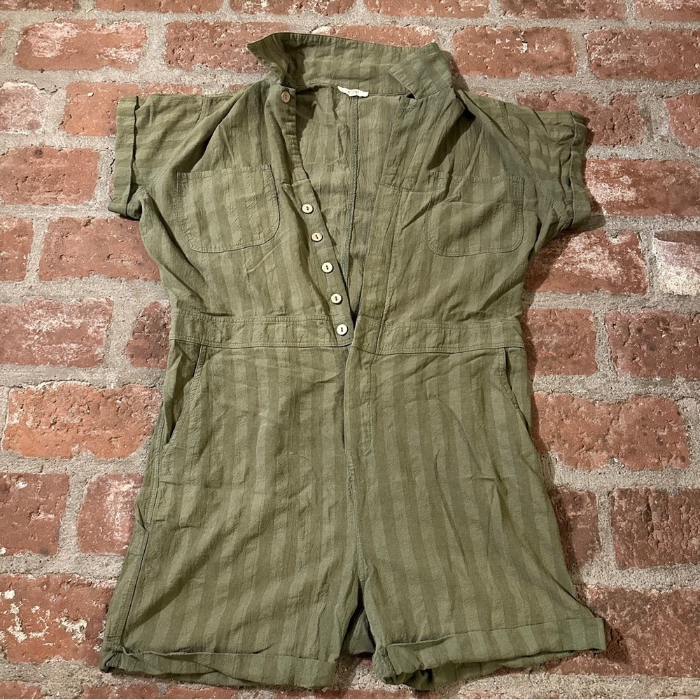 Easel Safari Utility Military Cotton Romper Jumpsuit Olive Green Striped Medium - Picture 3 of 15
